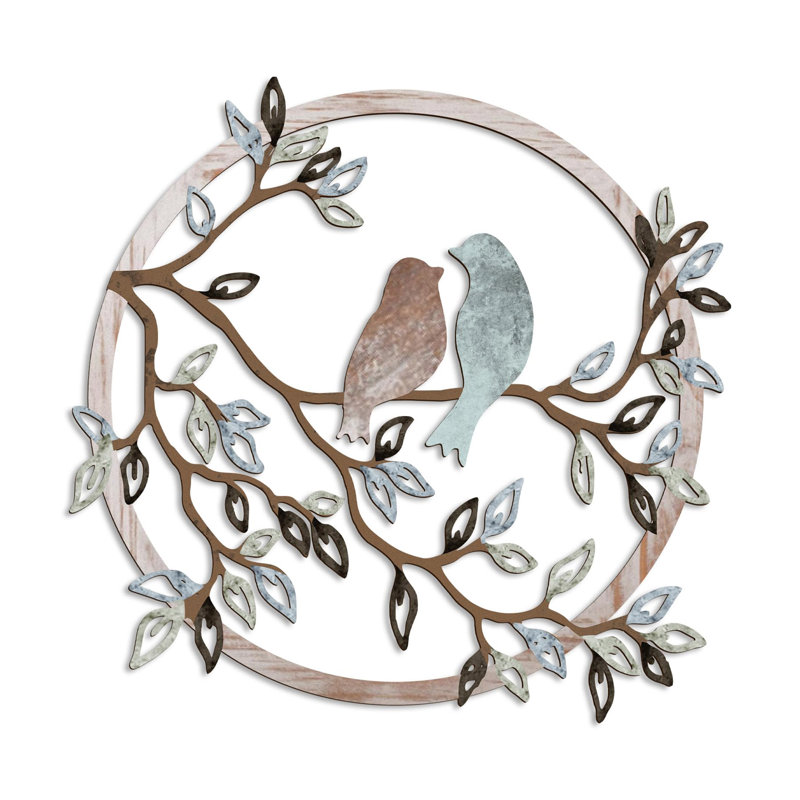 Metal Bird on Tree Branch Wall Art, Round Silhouette Hanging Decor