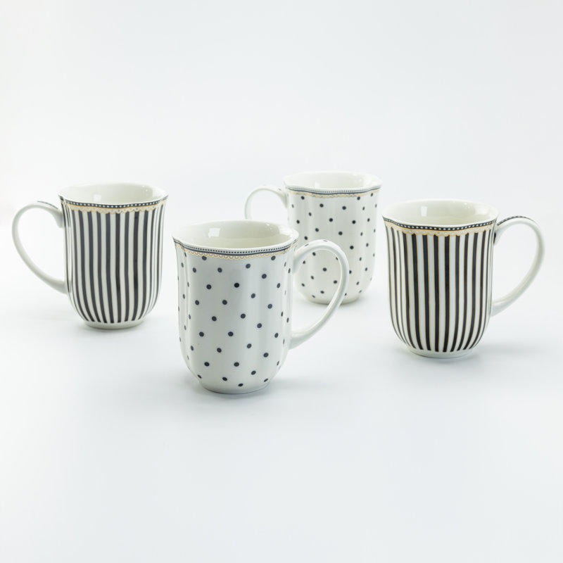 Grace Tea Ware Black Polka Dots Stripes Coffee Mugs, Set of 4