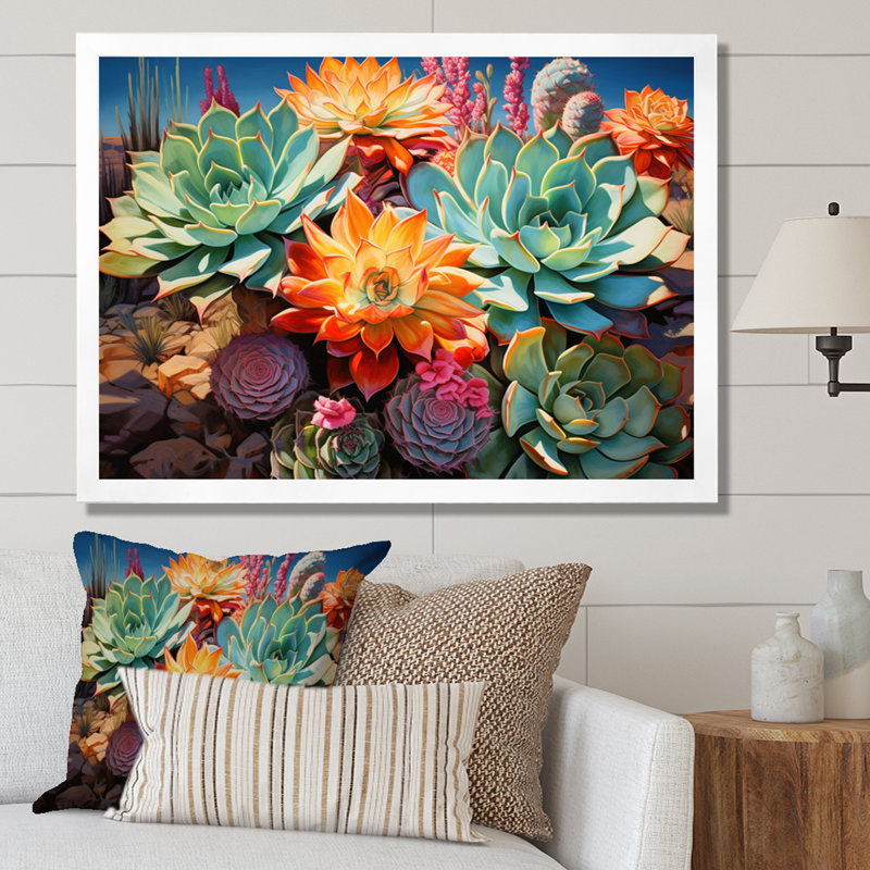 Succulentes vertes, orange, fleurs du désert II, H 30 po x l 40 po x P 1,5 po, Cadre simple blanc
