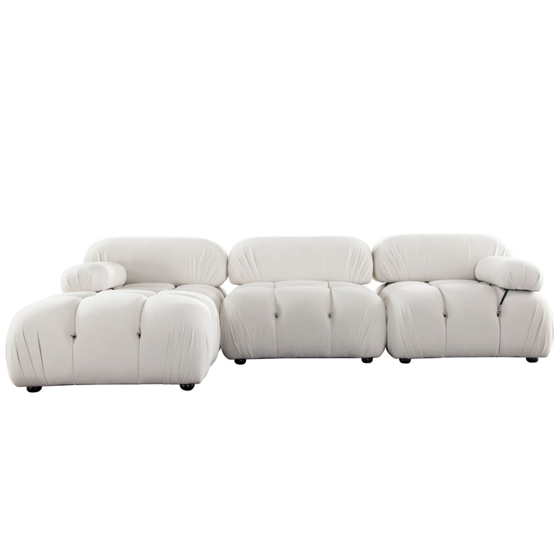 Ensemble de canapé modulaire 4 pièces Hito, capitonné Bubble, Velours crème, H 29 po x l 111 po x P 62 po