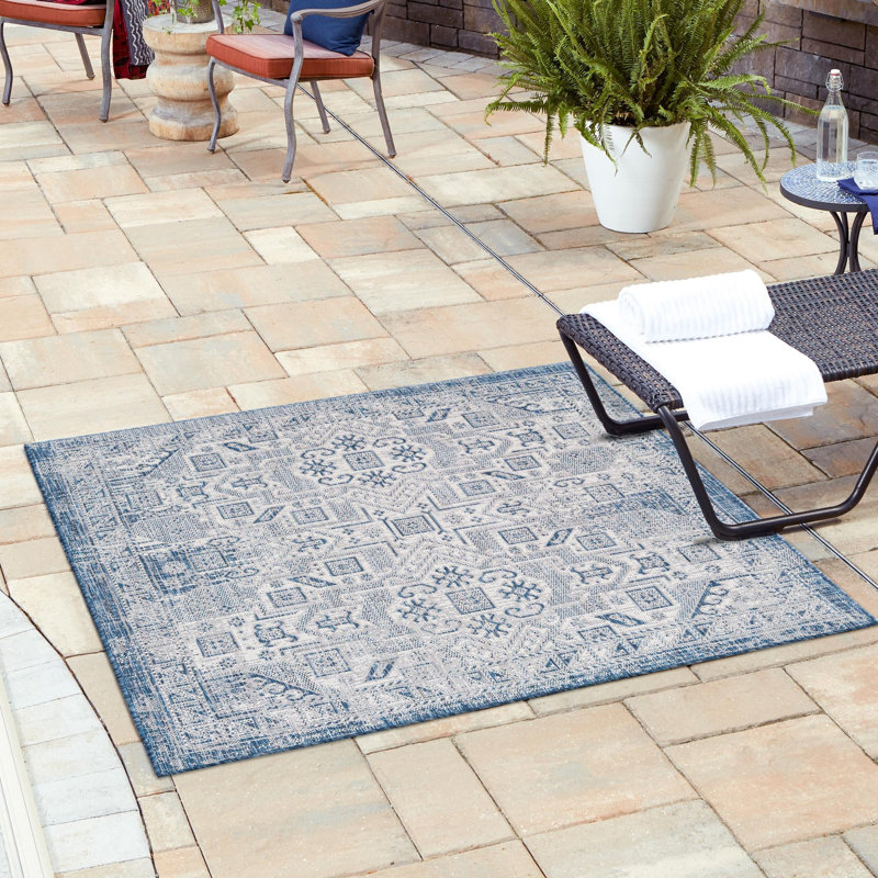 Outdoor Chand Area Rug Ivory-Blue Color, Square 5'3"