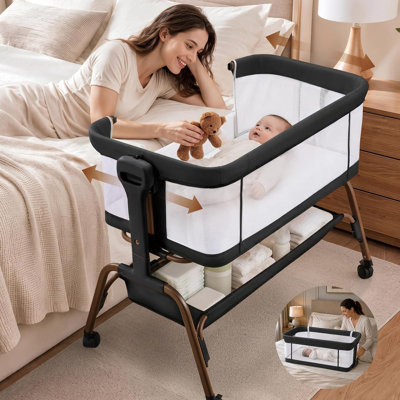 4 in 1 Baby Bassinet with Rocking Mode,Wheels,Mattress,Heights Adjustable,Breathable Mesh,Bedside Sleeper,Portable Cradle for Newborn and Infant,Beige