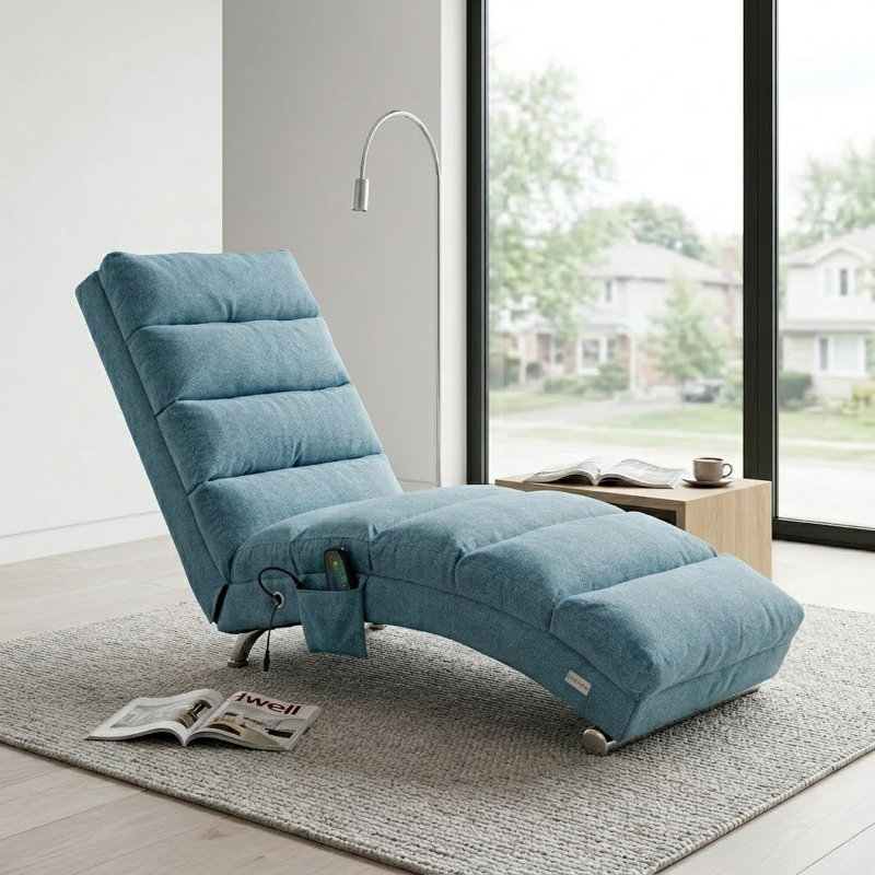 Chaise longue d'intérieur rembourrée avec 5 modes de massage électrique ergonomique télécommandé, 100 % lin bleu