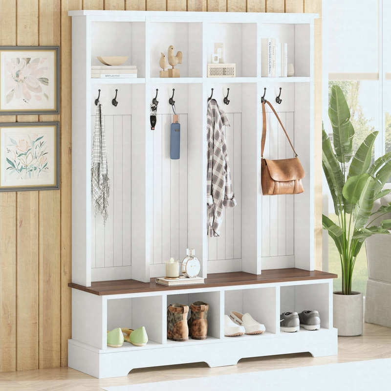 Farmhouse Hall Tree with 8 Hooks, Storage Bench & Open Compartments, White, White