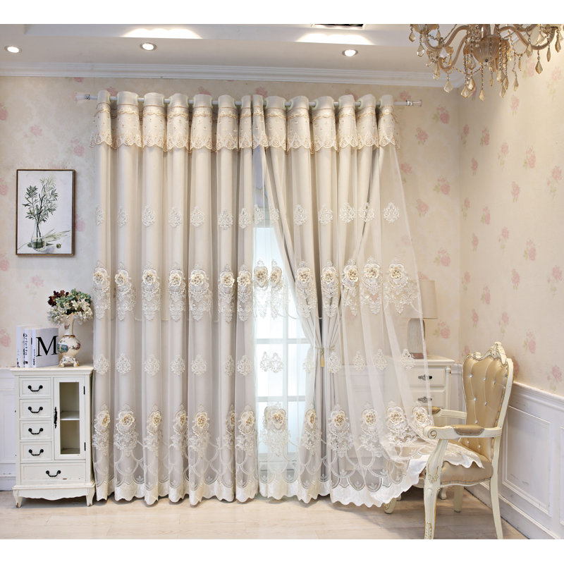 2 panneaux de rideaux européens de luxe pour chambre à coucher avec œillets isolants et isolants thermiques à double œillets pour salon et rideau occultant en dentelle à double couche en tulle transparent (beige, 54 po x 84 po)