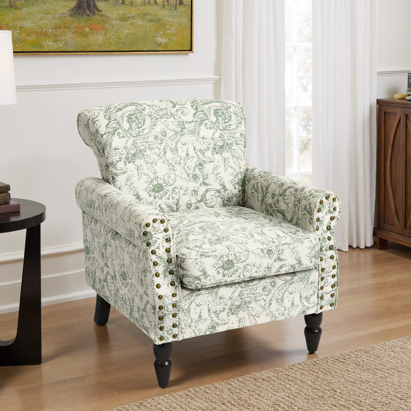 Iliana Traditional Upholstered Rococo Green Cotton Blend Armchair with Nailhead Trim, Rococo Green