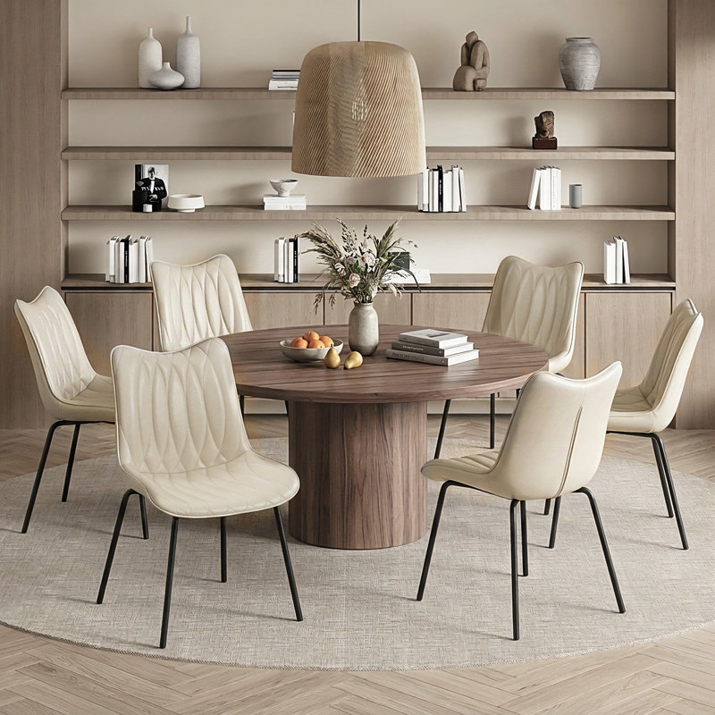 Set of 6 Mid-Century Modern Dining Chairs, Waterproof Faux Leather Side Chairs with Metal Legs, Beige, 6, Beige