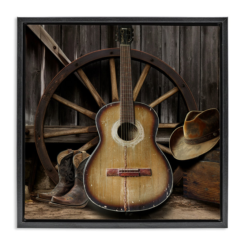 Guitare Western rustique avec cadre flottant chapeau, design par CAD Designs, H 18 po x l 18 po, Cadre flottant noir de jais