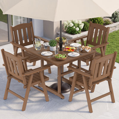 All Weather HDPE Outdoor Square Table and Foldable Chairs Patio Dining Sets With Umbrella Hole & Aluminum Frame Modern Patio Dining Set For Outside Backyard/Porch/Deck/Poolside/Garden/Apartment, 1-Table
