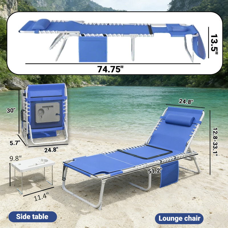 Folding Chaise Lounge Chair,outdoor Tanning Chair With Side Table, 5-level Adjustable Beach Lounge Chair With Headrest, Side Pocket For Patio, Backyard, Beach, Poolside