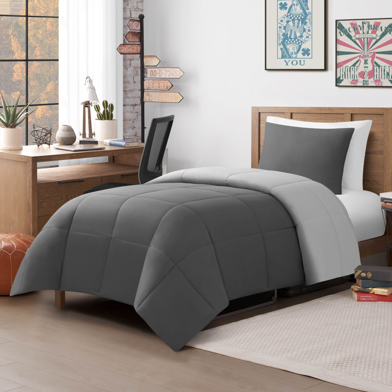 Lucky Brand Box Stitch Reversible Comforter Sets, Twin XL Comforter + 1 Standard Sham, Dark Gray/Light Gray
