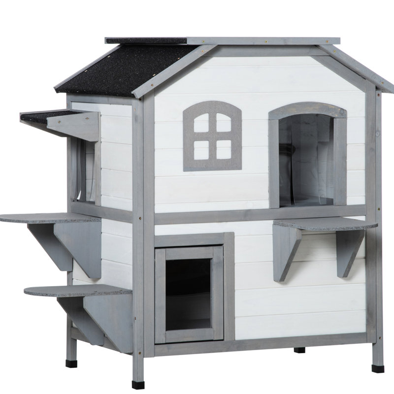 Cage d'extérieur pour chat de 2 étages - Enclos en bois avec trappe d'évacuation pour chats, toit ouvert, plateformes de saut, maisonnette ouverte