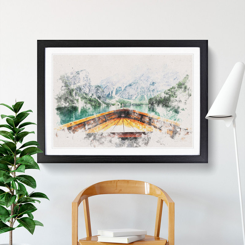 Boat in Lago di Braies Italy - Picture Frame Graphic Art Print, 62cm H x 87cm W x 2cm D, Black Framed