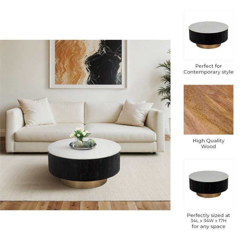 Round Coffee Table with White Marble Top and Black Wood Base, Living Room Table with Gold Metal Accent, Modern Coffee Table, 34"