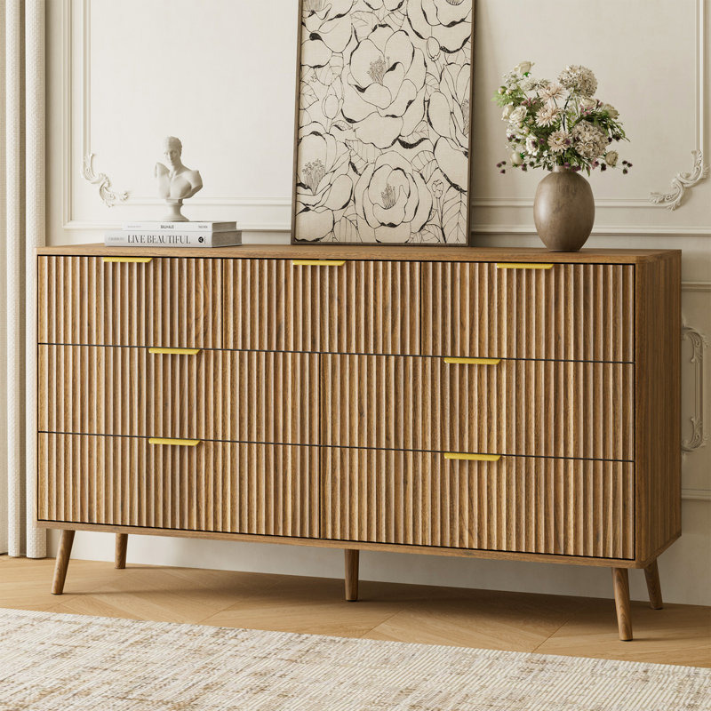 Fluted 7-Drawer Double Dresser For Bedroom, 55.1" Modern Chest Of Drawers With Deep Drawers, Curved Profile Design, Wood Drawer Organizer For Living Room, Hallway, Nursery, Hallway Closet - Brown