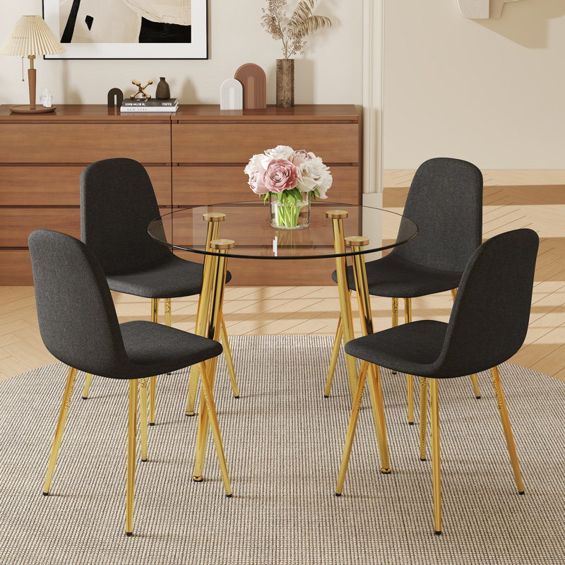 Ensemble de table et de chaises de salle à manger de luxe moderne en verre de 36 pouces de diamètre - pieds en métal doré.
