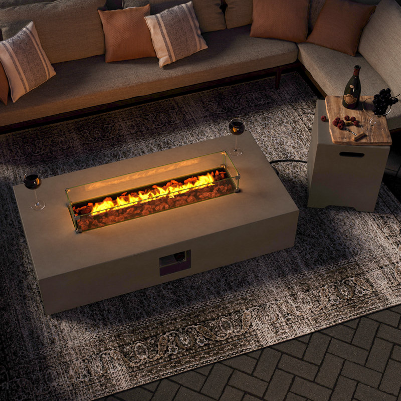 Table rectangulaire 56 po pour foyer d'extérieur au propane en béton avec couvercle de réservoir de propane et verre trempé