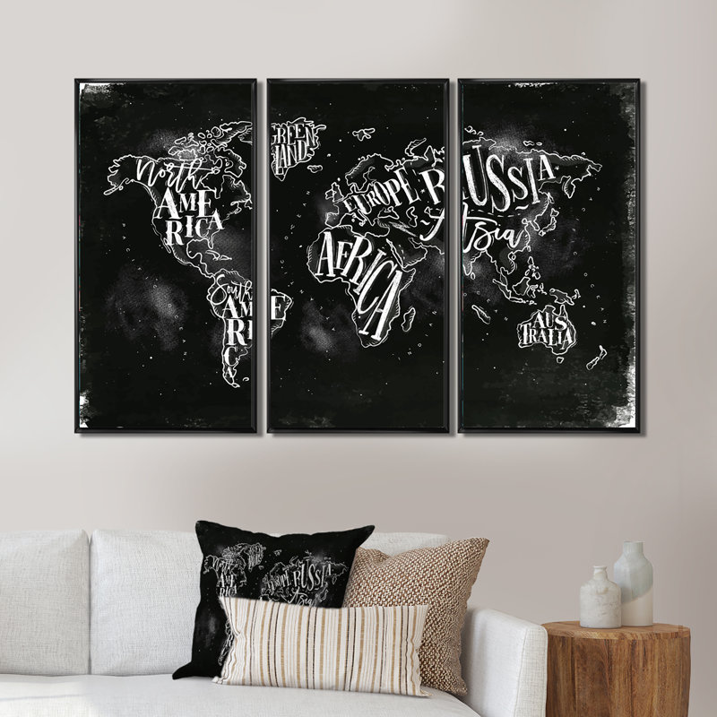 " Vintage Chalk Worldmap " 3 - Pieces Painting Print, 28" H x 36" W x 1" D, Black Framed