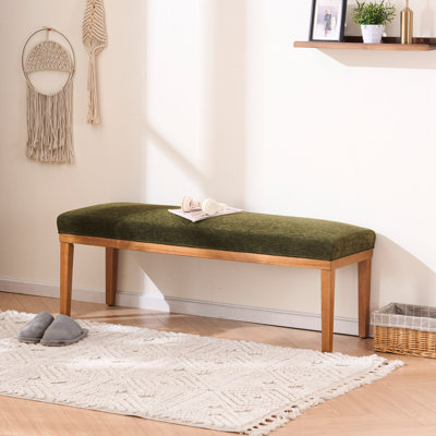 Entryway Upholstered Bench 52.8'' With Solid Wooden Legs, Olive Green Velvet Shoe Bench Easy To Assemble