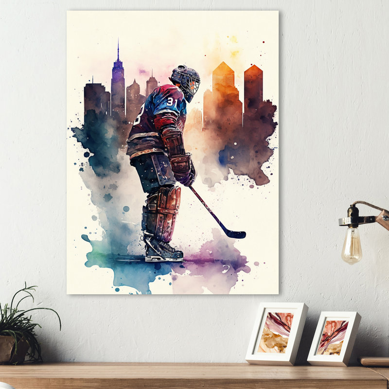 Joueur de hockey devant le paysage urbain I - Impression sur toile, H 32 po x l 24 po x P 1 po, Toile tendue
