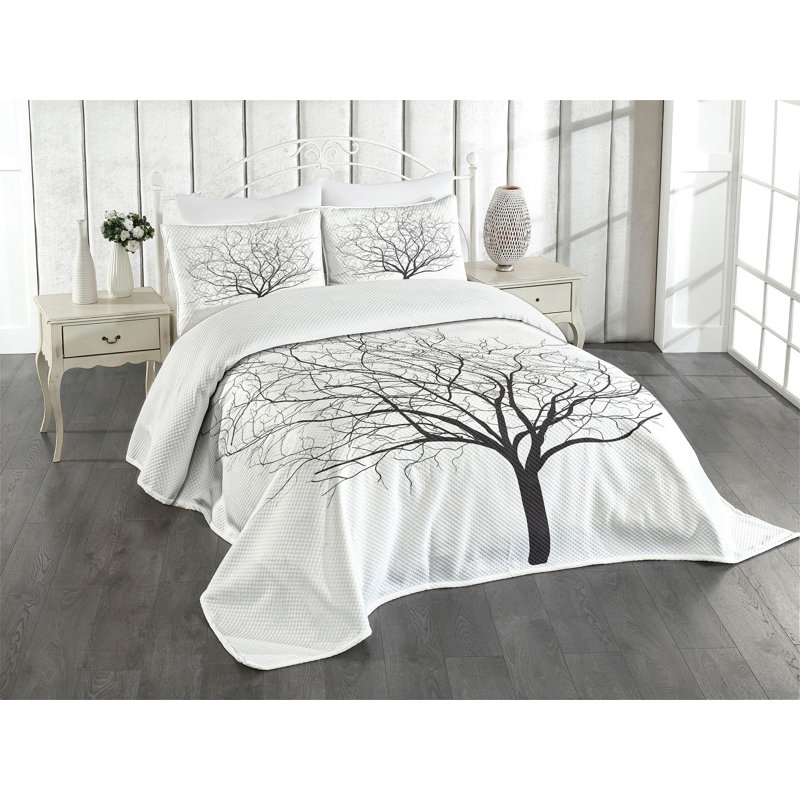 King White Quilted Bedspread Set with Tree Design