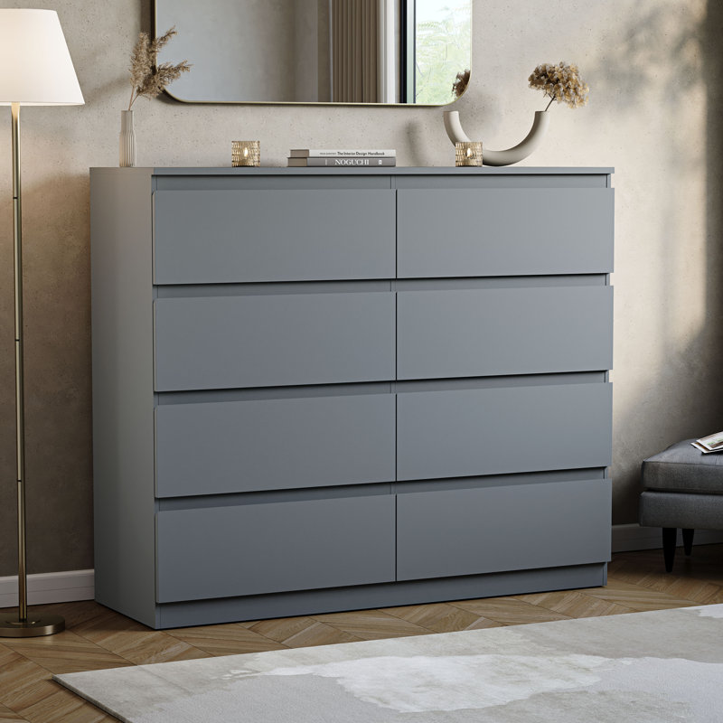 Cunha 8 - Drawer Wide Chest of Drawers, Large Bedroom Storage Cabinet, Grey
