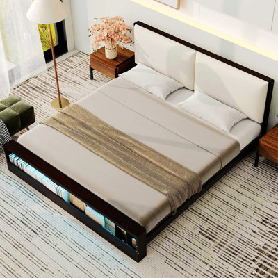 King Size Platform Bed Frame With Upholstery Headboard And  Bookshelf In Footboard And LED Light Strips