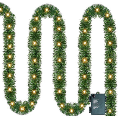 14.8 Ft Artificial Christmas Garland, 50 Pre-lit Led Mini String Lights Battery Operated Xmas Garland For Home Stair Railing Indoor Wedding Party Christmas Ornament Decorations (warm White)