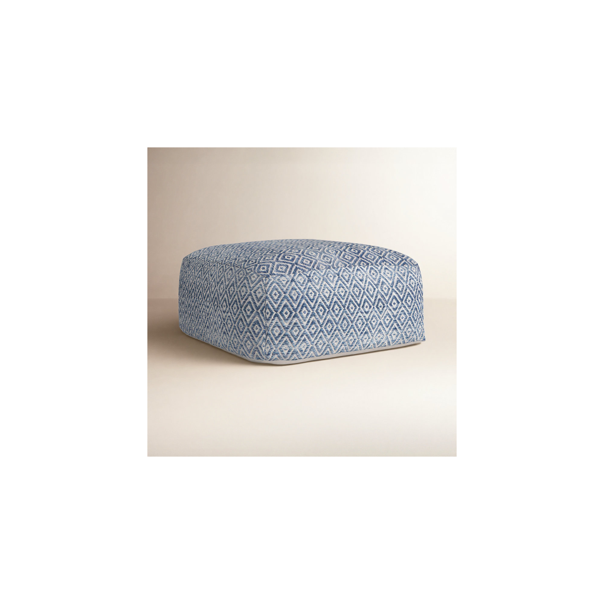 Iyanola 34'' Wide Square Geometric Pouf Ottoman, Beige/Blue