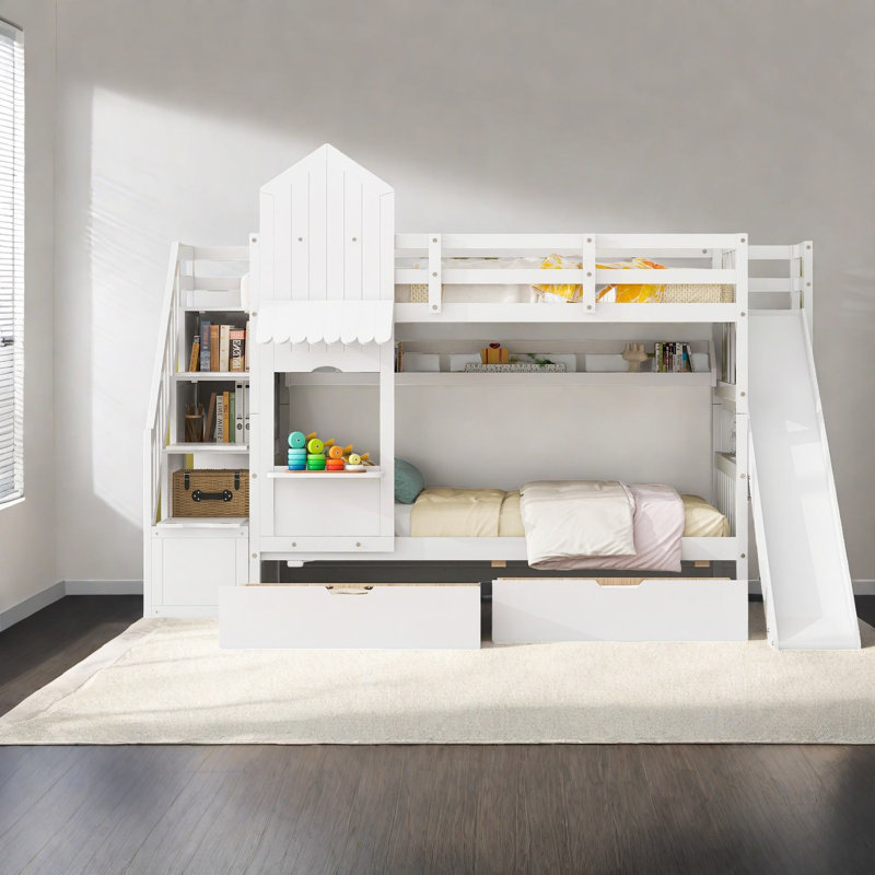 Space-saving Twin-over-twin Bunk Bed, Solid Wood, Castle Style With Storage - White