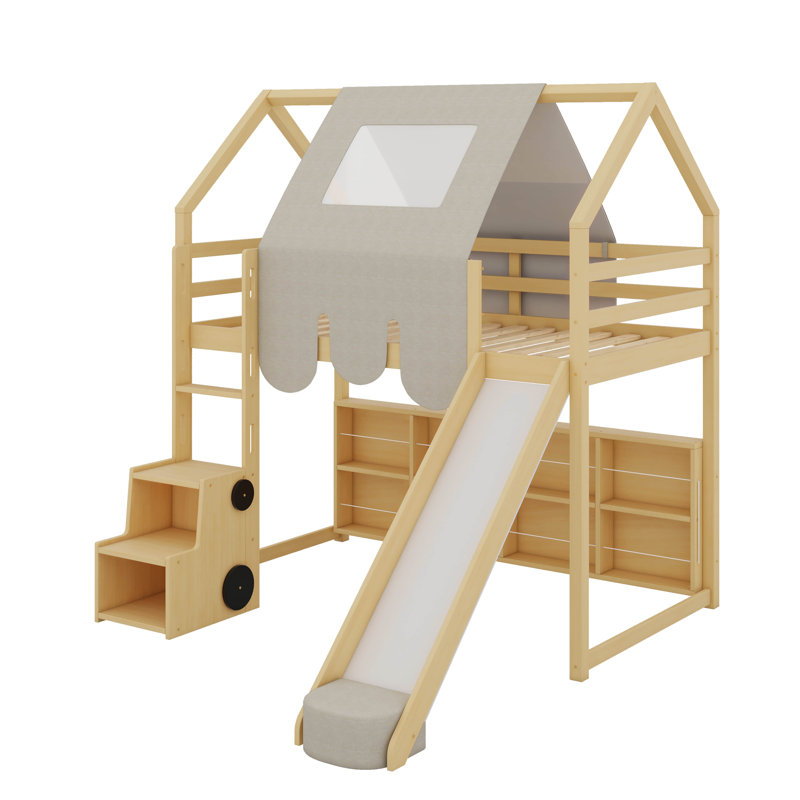 Lit mezzanine simple en bois avec tente, Naturel / Beige