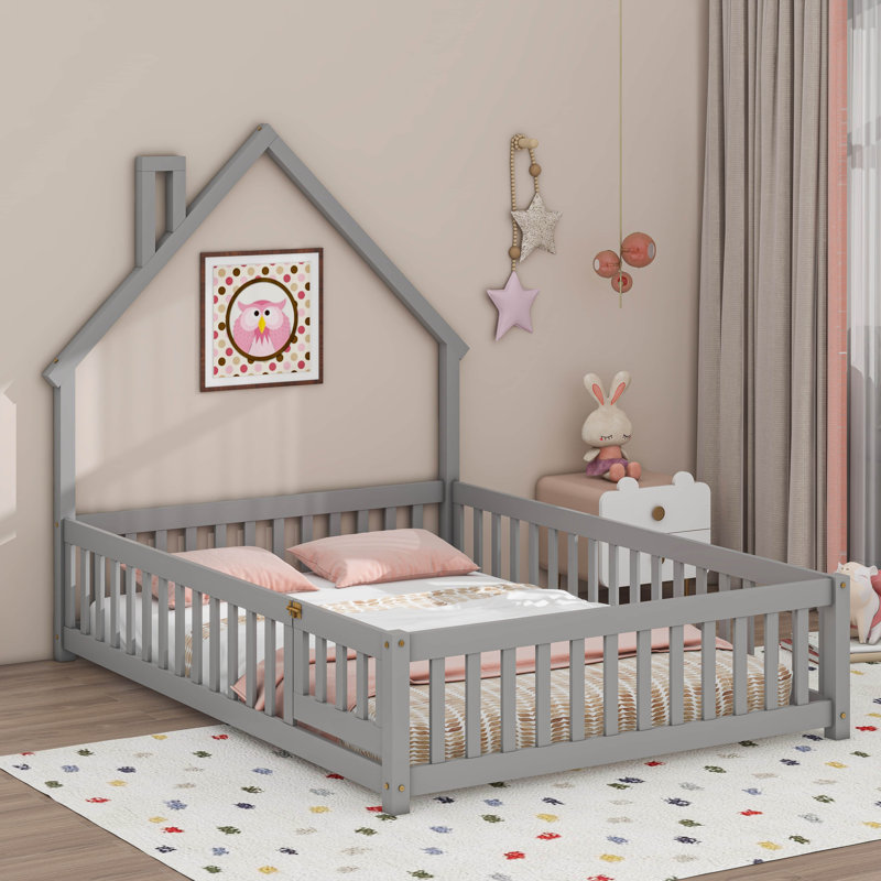 Lit avec clôture et porte, tête de lit en forme de maison, Double, gris