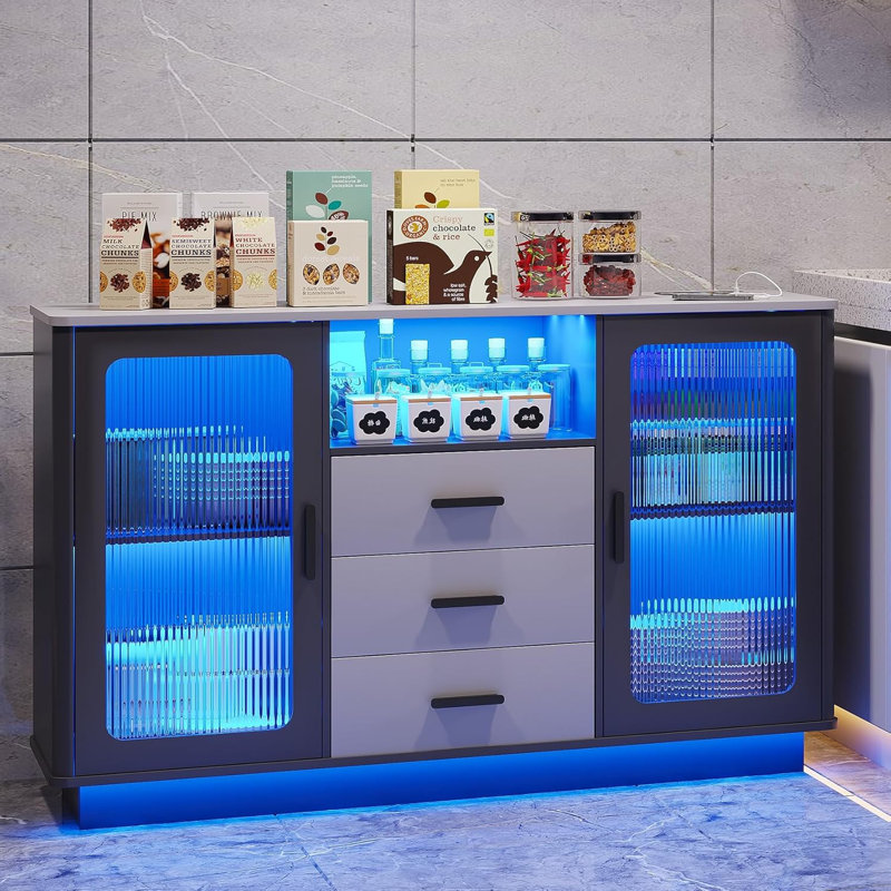 LED Coffee Bars with 24 Colours Lighting, Modern Coffee Station with Motion Sensor, Home Coffee Nook Table for Dining Room, Kitchen Buffer Sideboard with Storage Cabinet (Matte Grey)