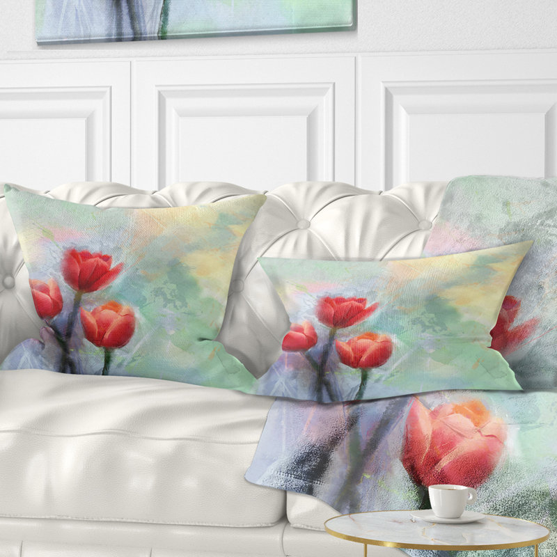Coussins décoratifs à imprimé floral tulipes rouges sur fond bleu clair, Rectangle, 12 po x 20 po