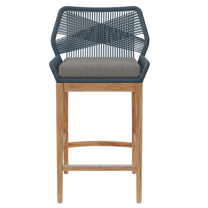 Graphite Blue Teak Wood Outdoor Bar Stool with Cushions