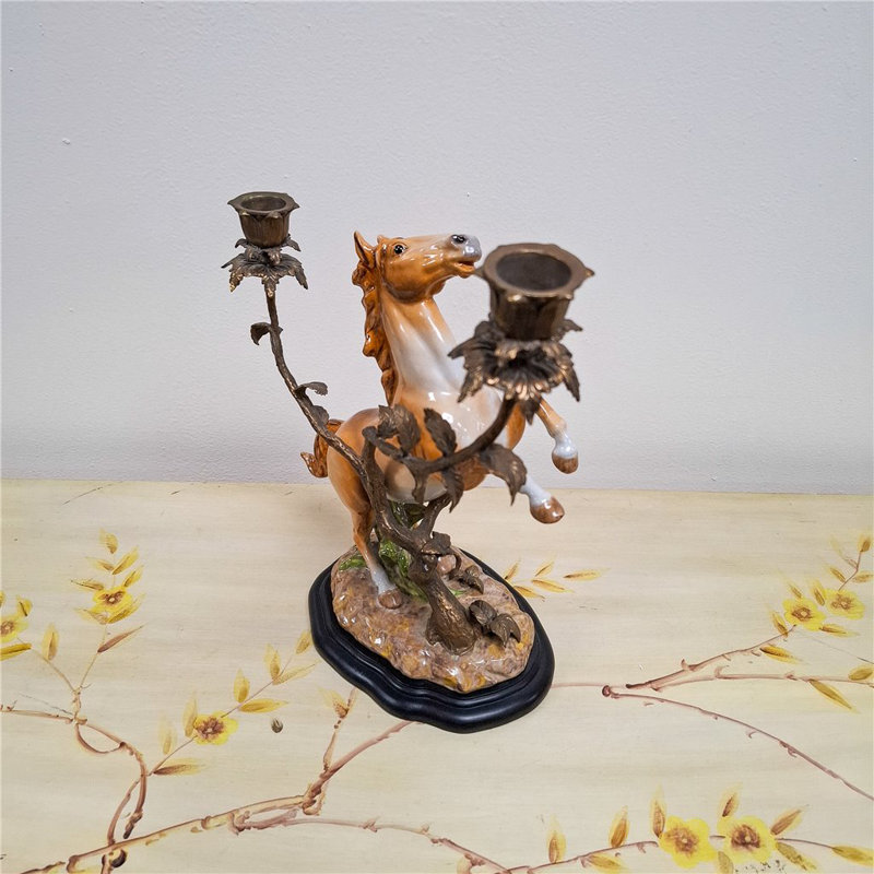 Porcelain Horse With Bronze Candle Holders on Wood Base