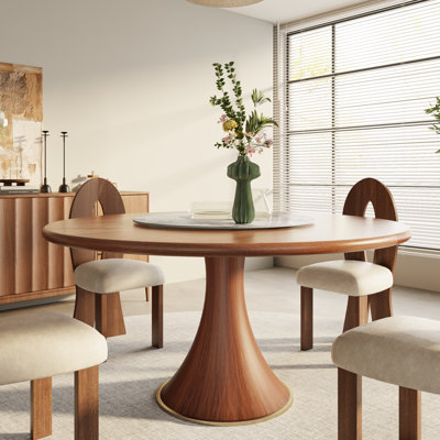 Turntable Round Solid Wood Dining Table With Lazy Susan For 6-8 People