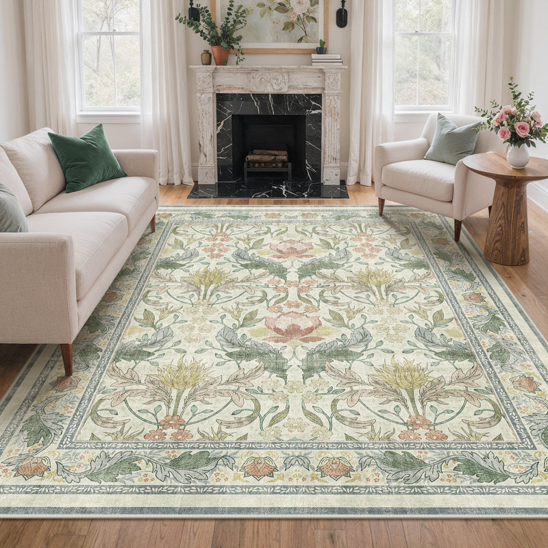 Bloom Floral Green/Beige Non-Slip Machine-Washable Area Rug, Rectangle 6' x 9', Beige/Green
