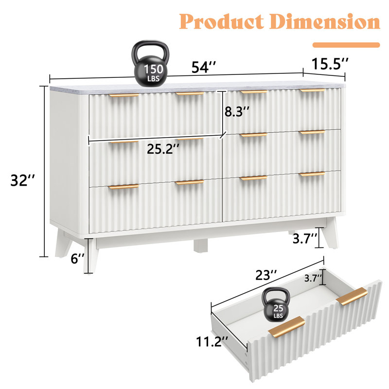 Gerius Fluted 6 Drawers Dresser, White, White