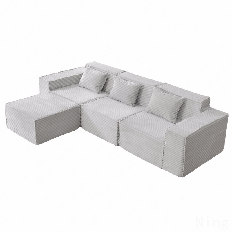 L-Shaped Modular Sectional Sofa, 3-Seater With Ottoman, Striped Corduroy Fabric, High-Density Foam For Home, Apartment, Office (Light Gray)