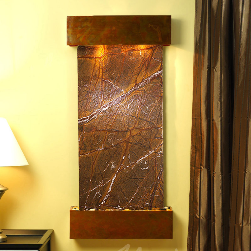 Cascade Springs Natural Stone Fountain with Light, Rainforest Brown Marble, Rustic Copper