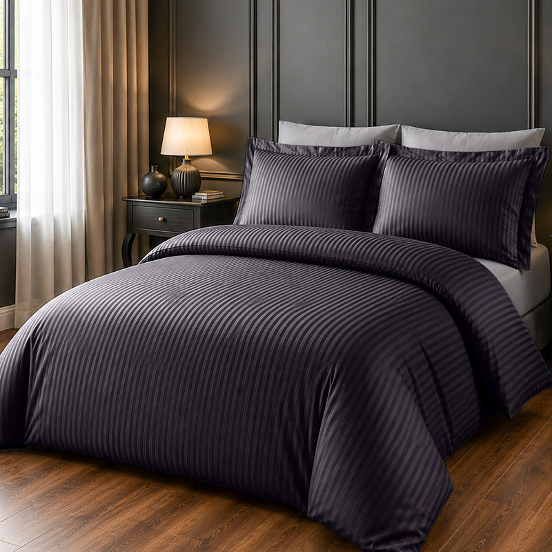 Microfiber Striped Duvet Cover Set with Pillowcases Included, Black, Super King Duvet Cover + 2 Standard Pillowcases