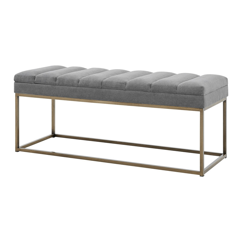 Light Gray Polyester Upholstered Bench with Brushed Gold Steel Base