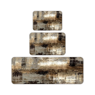 Ensemble de 3 tapis de cuisine art abstrait brun
