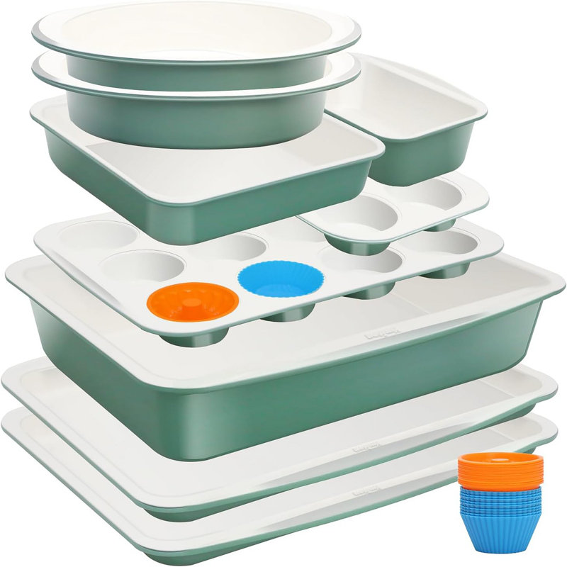 33-Piece Ceramic Nonstick Bakeware Set –  Includes Cookie Sheets, Round Pans, Loaf Pan, 12 & 6 Cup Muffin Pans, Roasting Pan & 24 Cupcake Liners, Stackable Storage， Dishwasher Safe,-Ready