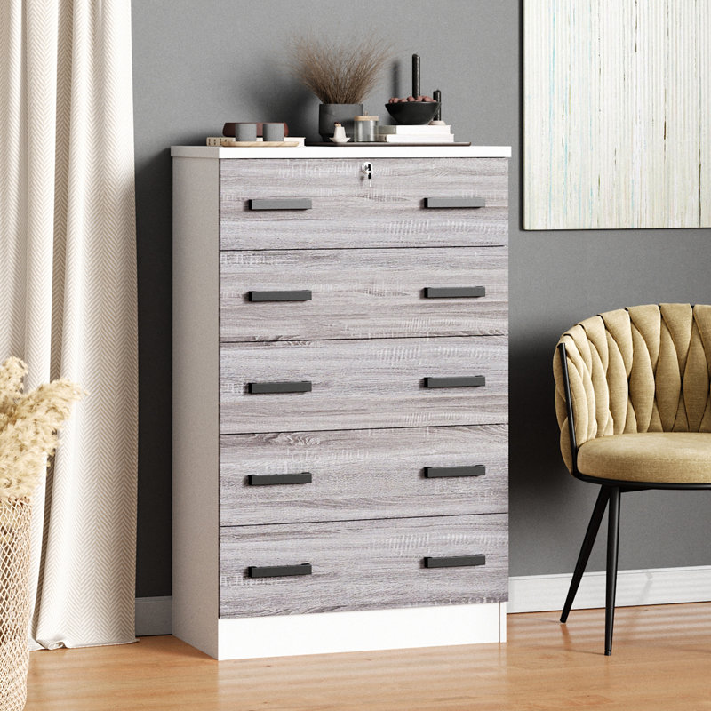 Basurto 5 Drawer Chest Wooden Dresser with Lock, White/Gray