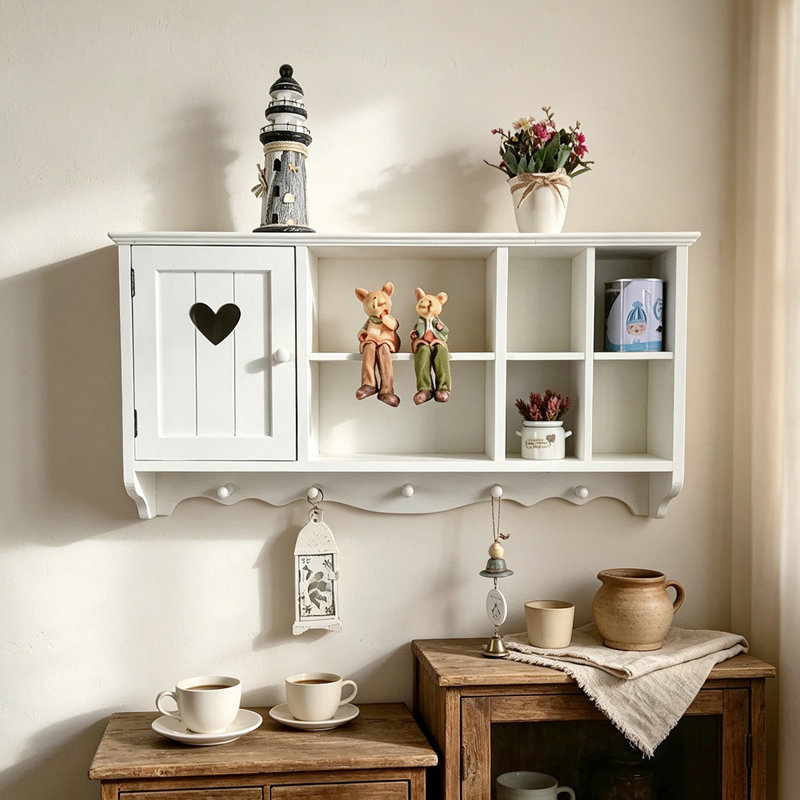 Étagère murale de rangement en bois massif blanc antique avec découpe en forme de cœur