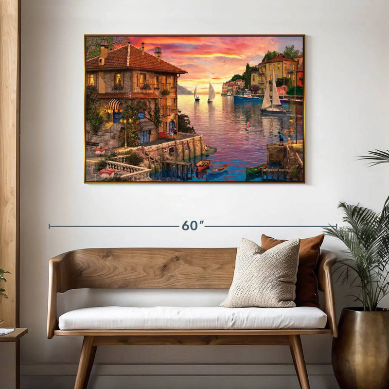 Le port méditerranéen, 46 po x 31 po, Cadre flottant doré