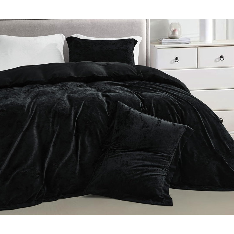 Piers Distressed Velvet Duvet Cover Set, Queen Duvet Cover + 2 Standard Shams, Black