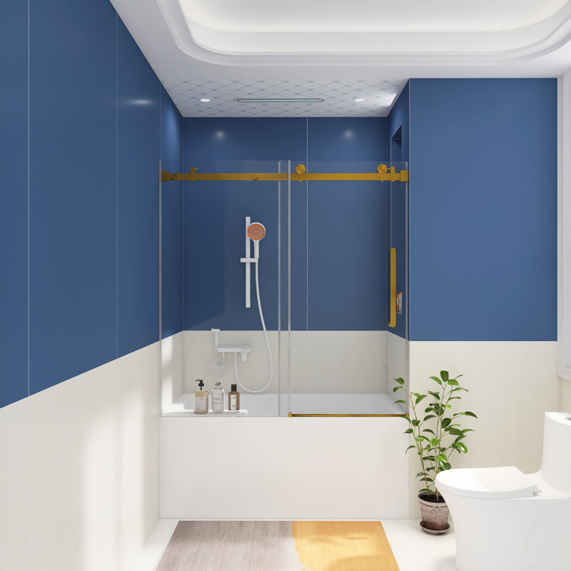56-60 "W X 60"H Single Sliding Frameless Shower Door In Brushed Gold, Brushed Gold